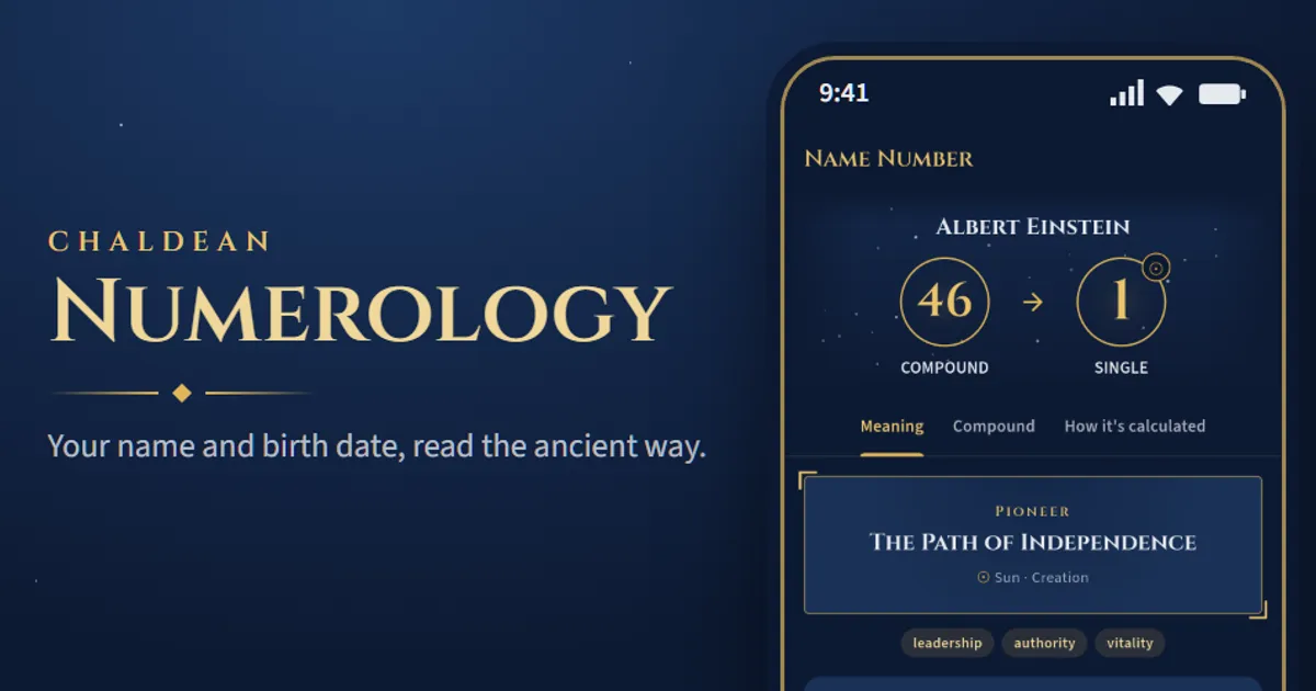 mychaldeannumerology.app preview: the app's Name Number screen in navy and gold